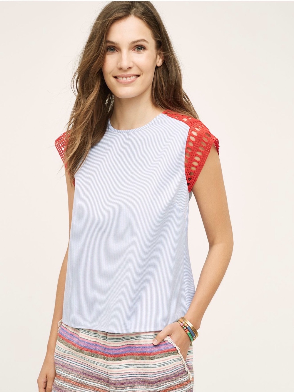 Maeve- Women’s Light Blue Stripe Top with Red Crochet Cap Sleeves